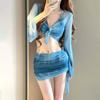 Nuevo Bikini de Cuatro Piezas Traje de Baño Dividido Estampado de Chica Caliente Femenino Pecho Pequeño Manga Larga Sexy Traje de Baño para Vacaciones en la Playa