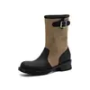 Botas Western Plataforma de Lona Retrô Estilo Britânico, Salto Grosso de 4cm, Botas Marrons para Todas as Estações, Botas de Cano Curto Casuais para Exterior, Botas Martin