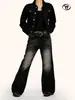 Calça Jeans Flare Preta Retro Americana Yongfang para Mulheres, Alta Qualidade, Corte Solto com Efeito Desgastado e Vintage, Calça Casual Slim