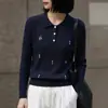 Suéter de Punto para Mujer, Nuevo Suéter de Lana Fina Otoño/Invierno con Cuello Polo de Manga Larga con Patrón Trenzado y Flores Bordadas