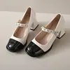 Sapatos Mary Jane prateados de salto grosso estilo Chanel para mulheres, com uma única tira, couro envernizado retrô francês, adequados para combinar com vestidos, sapatos de salto alto para noite