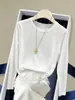 Camiseta de manga longa de algodão de bambu na cor café para mulheres, estilo coreano, elegante, que rejuvenesce, moderna, plus size, para o outono