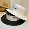 Sombrero Estilo Marea Nacional Verano Ala Grande Copa Plana Sombrero de Copa Etiqueta de Hierro Parasol Sombrero de Paja Moda Exterior Sombrero Fresco para Mujer