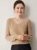 Nuevo suéter de cachemir 100% puro para otoño e invierno para mujer, cuello en V, sin costuras, de punto liso, camisa base de punto, suéter corto versátil y cálido