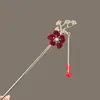 Pasador de Flor Roja Afelpada para Mujer, Pasador de Alto Nivel Estilo Chino Nuevo, Adorno para el Cabello Estilo Antiguo, Pasador con Borla de Pasos Oscilantes