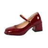Zapatos Mary Jane para mujer talla 26, primavera y otoño, con una sola correa y tacón grueso, charol, rojo, tacones altos elegantes de corte bajo