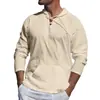 Camisa Masculina Esportiva Casual Tropical de Algodão e Linho com Amarração Bolso Decoração Cor Sólida Com Capuz Manga Longa Tendência