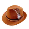 Sombrero de fieltro gris alemán para jazz, sombrero de fieltro no tejido con pluma para Oktoberfest, fabricante mayorista de sombreros de copa para escenario