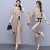 Traje nuevo de primavera y otoño pantalones de pierna ancha elegante rejuvenecedor adelgazante estilo occidental abrigo de manga larga conjunto de tres piezas ropa de mujer talla grande moda