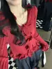 Outono e Inverno Nova Malha com Babados Roupa Externa Feminina Design Emagrecedor Manga Longa Top Estiloso Tendência