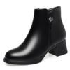 Botas femininas de outono e inverno, salto médio, camada única, bico redondo, forro de lã, sapatos elegantes de couro para mãe, couro macio, sola macia, salto grosso, bota de tornozelo