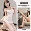 Lencería sexy en múltiples colores, malla de encaje hueca transparente con un cuello de bolsillo, uniforme de falda corta de dos piezas ajustado, disponible para dropshipping