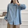 Camisa de mezclilla de algodón lavado bordada en solapa fresca para mujer, temperamento suelto para mujer, camisa para otoño e invierno 202323