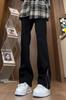 Pantalones de mezclilla suave estilo americano de alta calle para hombre con cremallera lateral, negros, de corte ajustado, de pierna larga y ajustados