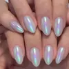 24 Piezas de Uñas Postizas de Color Iridescente Blanco Perla Ovaladas con Recubrimiento UV Pegatinas para Uñas