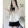 Camisa de manga corta plisada tipo organza para mujer, estilo verano, linda, uniforme JK, traje de estudiante, camisa blanca, falda plisada, conjunto de tres piezas