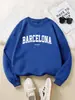 Moletom Feminino Barcelona Espanha Estampa de Letras Casual Pulôver Gola Redonda Outono Estilo de Rua Caimento Solto
