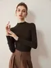 Blusa de Tricô Feminina Canelada de Gola Alta Outono Inverno Texturizada Slim Fit Elástica Camada Base Manga Longa Elegante Pulôver