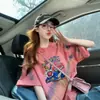Algodão Puro Chique Estilo Hong Kong Tendência Grafite Camiseta Solta Feminina Personalidade Color Blocking Tie-dye Comprimento Médio Afinando Top Peça de Roupa