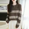 Suéter retro a rayas para mujer, cuello redondo, tejido color block, holgado y casual, de manga larga, adecuado para usar como capa exterior o como capa interior