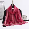 Bufanda Larga de Seda Estilo Nuevo para Mujer, Moderna y Versátil, Color Sólido con Rayas de Hilo Dorado, Bufanda de Seda Sintética, Chal Delgado para Primavera y Otoño