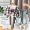 Ropa de Otoño para Bebé Niño Estilo Occidental Nuevo Estilo Primavera y Otoño 2025 1-3-4 Años Camisa a Cuadros de Moda y Guapo Conjunto de Tres Piezas para Niños