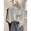 Camiseta de Manga Corta con Cuello Redondo, Versátil y de Moda Estilo Coreano para Mujer con Estampado de Diseño y Copo de Nieve de Verano, Top Delgado de Algodón