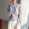 Elegante y estilosa camiseta de malla de manga larga para mujer, nuevo modelo de verano 2026, disimula el vientre y estiliza, con detalles de encaje