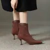 Botines Elegantes Marrones con Cremallera Trasera, Temperamento, Moda Versátil para Mujer, Retro, Gamuza, Punta Fina, Tacón de Aguja Alto para Mujer