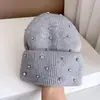 Sombrero de Punto de Moda con Pedrería Industria Pesada Sense Avanzado para Mujer Otoño e Invierno Nuevo Lindo Todo Fósforo Sombrero de Lana Cálido con Protección para los Oídos Moderno