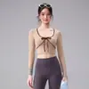Malha Respirável de Outono Costura Bloco de Cor Gola Borboleta Fitness Cropped Emagrecedor Falso Duas Peças Roupa Esportiva Manga Longa Top de Yoga