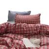 Conjunto Duplo de Quatro Peças Atmosfera Xadrez Vermelho Amazon Simples Ins Lavado Escovado Artesanato Conjunto de Três Peças para Dormitório