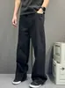 Pantalones Casuales Rectos Negros-Grises Lavados y Desgastados Estilo Retro Americano para Hombre, Holgados, Costuras en Contraste, Largo hasta el Suelo, Nuevas Llegadas de Otoño
