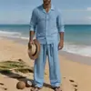 2026 Conjunto de Lino de Cuatro Estaciones Estilo Americano Transfronterizo para Hombre, Casual, Holgado, Transpirable, Manga Larga, Pantalones Largos, Camisa, Conjunto de Playa en Stock