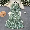 Vestido Longo Estampado com Manga Lanterna Romântica para Mulheres, Decote V, Cintura Marcada, Corte Evasê, Roupa de Férias, Outono 2026, Estilo de Alta Qualidade