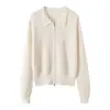 Cárdigan de cachemira de punto gofre con doble cremallera para mujer, cuello polo, tejido, casual, holgado, chaqueta de punto de cachemira