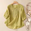 Top de Lino y Algodón Bordado Vintage de Alta Gama para Mujer, Camiseta de Verano con Escote en V y Patchwork de Organza, Camisa Estilo Chino