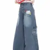 Toalha Bordada de Desenho Animado Americano Jeans Denim Masculino Primavera Tendência Marca Design Calças de Perna Larga Soltas Versátil Comprimento Total
