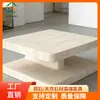 Mesa auxiliar cuadrada de travertino beige de doble capa, mesa de café para balcón, mesa de esquina estilo crema, mesa cuadrada de piedra para decoración suave de dormitorio, en stock