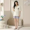 Pijama de Manga Corta para Mujer con Shorts Dibujos Animados Lindo Algodón Puro Verano Casual Cómodo Conjunto de Dos Piezas para Casa Ropa de Exterior