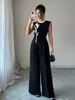 Ropa Europea y Americana para Mujer Transfronteriza Primavera/Verano 2026 Elegante Mono Negro sin Mangas de Cuello Redondo Bordado Pierna Ancha