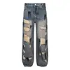 Marca Americana Moderna Estilo Wasteland Jeans Rasgado para Homens e Mulheres Outono Novo Estilo Lavado Vintage Design de Perna Reta Calças de Perna Larga
