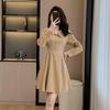 Vestido de otoño nuevo de estilo francés con cuello de muñeca pequeño y manga larga color café para mujer, falda de cintura alta tipo A