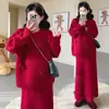 Mujeres Embarazadas Otoño Invierno Holgado Nuevo Estilo Moda Temperamento Dulce Lazo Suéter de Punto Falda de Punto Tallas Grandes Conjunto para Mujeres Embarazadas