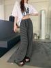Pantalones de pierna ancha con rayas horizontales en blanco y negro de seda de hielo para mujer, pantalones a cuadros con cordón, pantalones casuales de verano para mujer, protección solar, pantalones anti-mosquitos