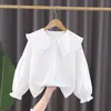 Camisa Branca de Algodão Puro para Meninas 2026 Nova Coleção Primavera e Outono Roupas Infantis Camisa Branca com Gola Boneca para 4-10 Anos