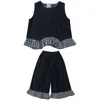 Conjunto de Verano de Mezclilla para Niñas 2026 Nuevo Elegante Conjunto de Dos Piezas con Top sin Mangas de Encaje y Pantalones Rectos para Niñas Pequeñas