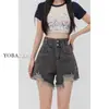 Shorts de Mezclilla Negros y Grises Rasgados de Cintura Alta para Mujer Verano Nuevo Talla Grande mm Gorditas Sueltos Aspecto Adelgazante Línea A Pierna Ancha Pantalones Cortos