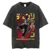 Camiseta Vintage Lavada do Anime Chainsaw Man com Gola de Marinheiro e Padrão Listrado, Camiseta Unissex Respirável e Confortável, Feita na China