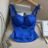 Top de Renda Azul Tomara que Caia Curto Strappy Vintage Sexy Decote V Feminino